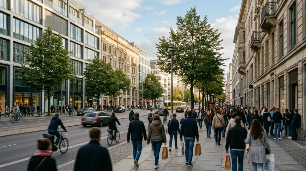 Blick entlang der belebten Friedrichstraße mit moderner Glasarchitektur und historischen Fassaden im Nachmittagslicht.