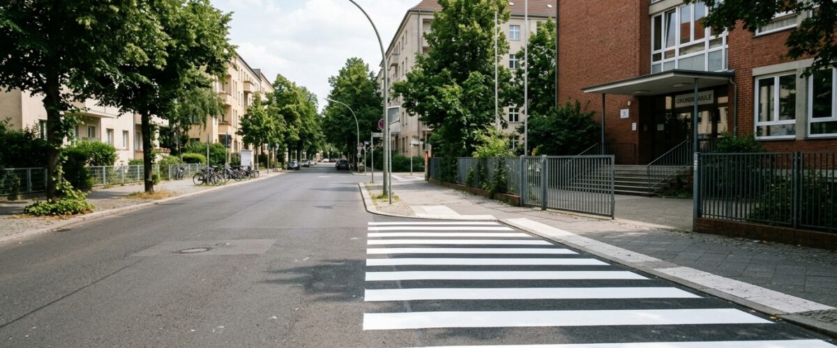 Fußgängerüberweg vor der Konkordia-Grundschule: frisch markierter Zebrastreifen vor einem Berliner Schuleingang am Elsflether Weg, ohne Personen