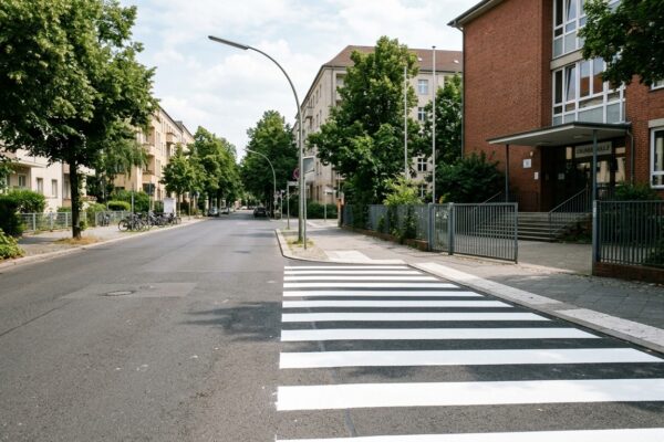 Fußgängerüberweg vor der Konkordia-Grundschule: frisch markierter Zebrastreifen vor einem Berliner Schuleingang am Elsflether Weg, ohne Personen