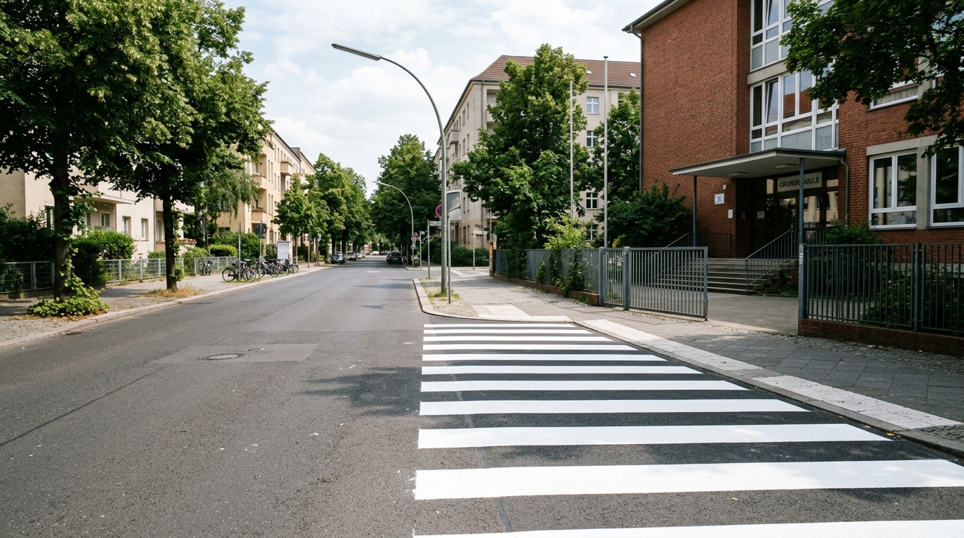 Fußgängerüberweg vor der Konkordia-Grundschule: frisch markierter Zebrastreifen vor einem Berliner Schuleingang am Elsflether Weg, ohne Personen