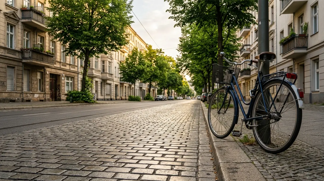 Geglättetes Kopfsteinpflaster auf einer ruhigen Berliner Kiezstraße mit einem abgestellten Fahrrad am Bordstein.