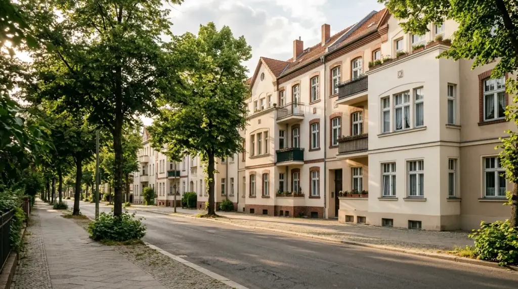 Wohnbauten der Zwanzigerjahre und schattige Straßenbäume säumen den Glienicker Weg im Nachmittagslicht.