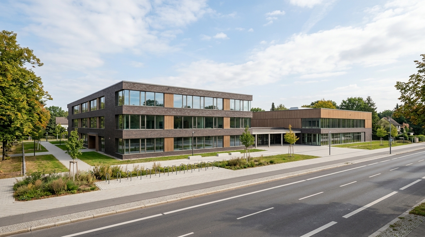 Grundschule Staaken: moderner dreigeschossiger Schulneubau mit großen Fenstern und angrenzender Sporthalle an einer breiten Straße in Berlin-Spandau im Spätsommer, ohne Personen, ohne Schrift und ohne Logos