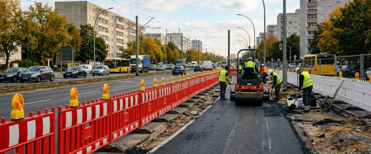 Hansastraße Lichtenberg: Baustelle mit Absperrung für neuen Radweg an einer Berliner Hauptstraße, September 2026