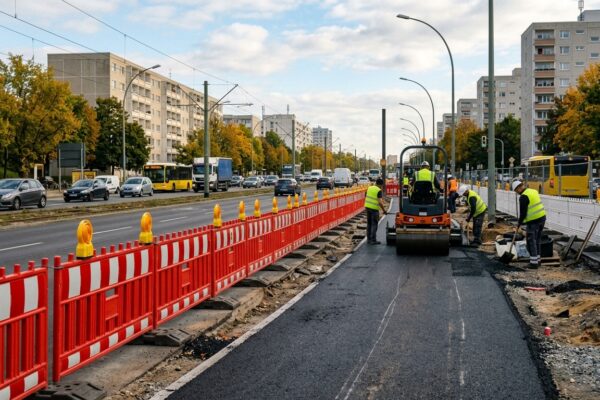 Hansastraße Lichtenberg: Baustelle mit Absperrung für neuen Radweg an einer Berliner Hauptstraße, September 2026