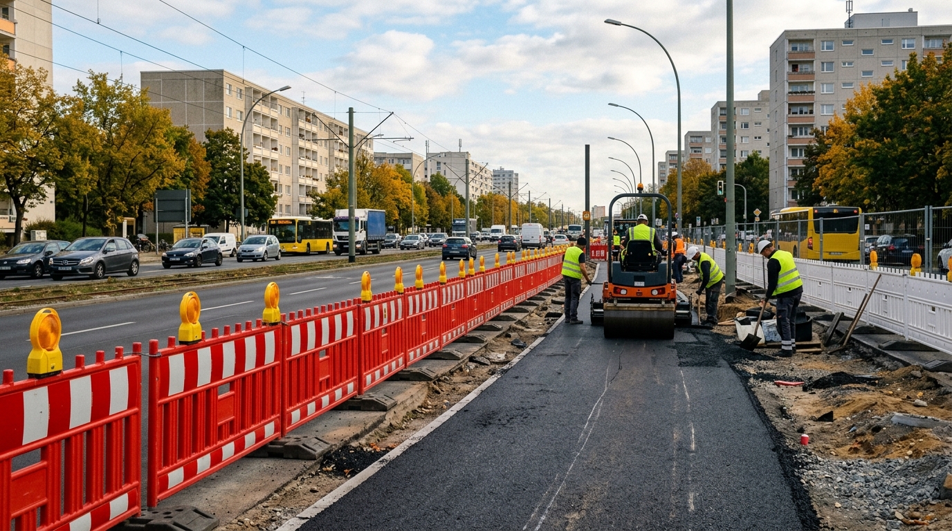 Hansastraße Lichtenberg: Baustelle mit Absperrung für neuen Radweg an einer Berliner Hauptstraße, September 2026