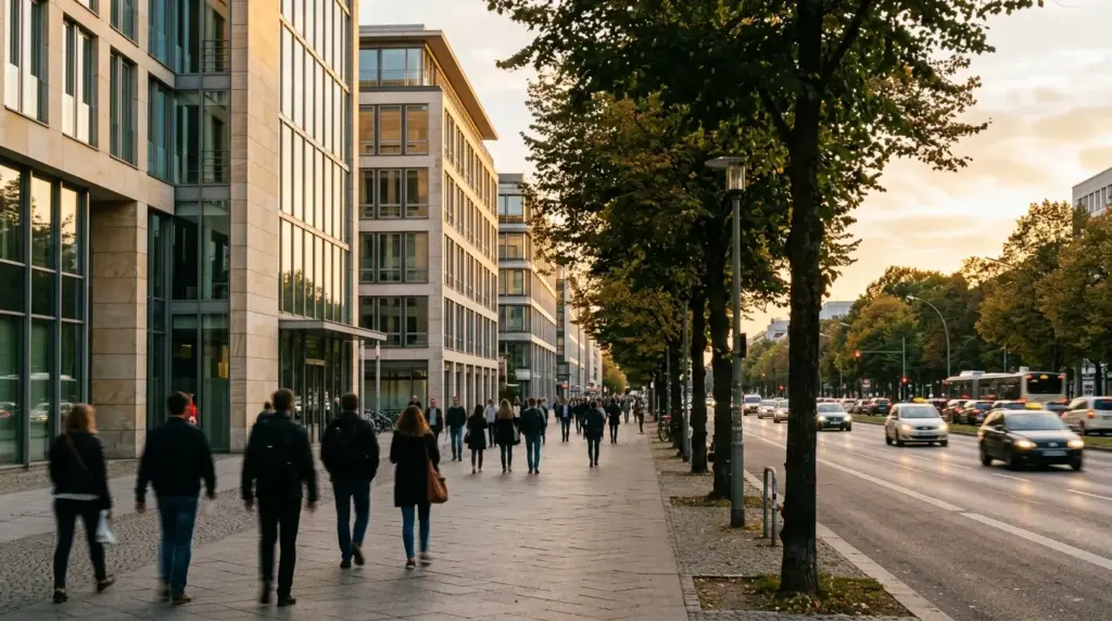 Breite Gehwege und Nachkriegsbauten an der sonnenbeschienenen Hardenbergstraße im Abendlicht von Charlottenburg.