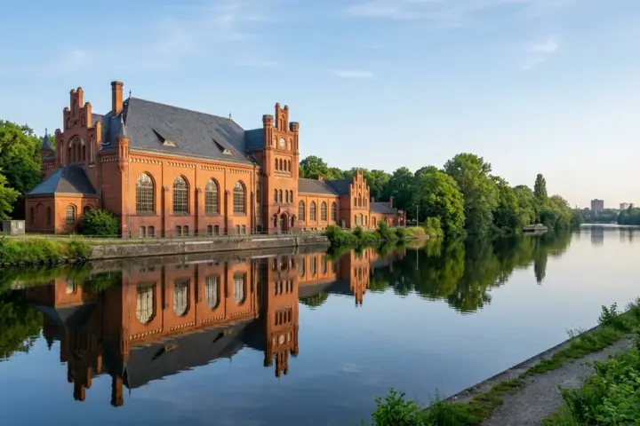 Ein historisches Berliner Wasserwerk aus rotem Backstein spiegelt sich in ruhigem Flusswasser.