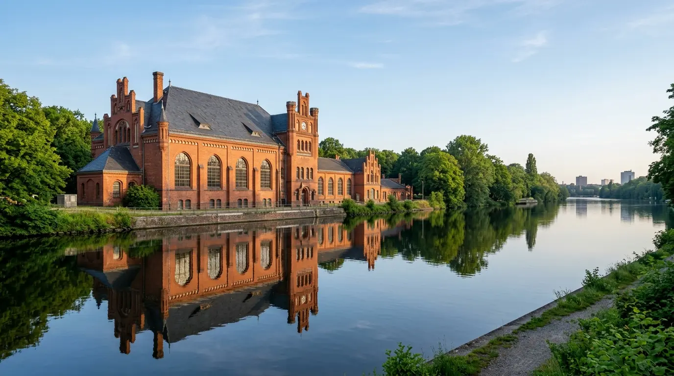 Ein historisches Berliner Wasserwerk aus rotem Backstein spiegelt sich in ruhigem Flusswasser.