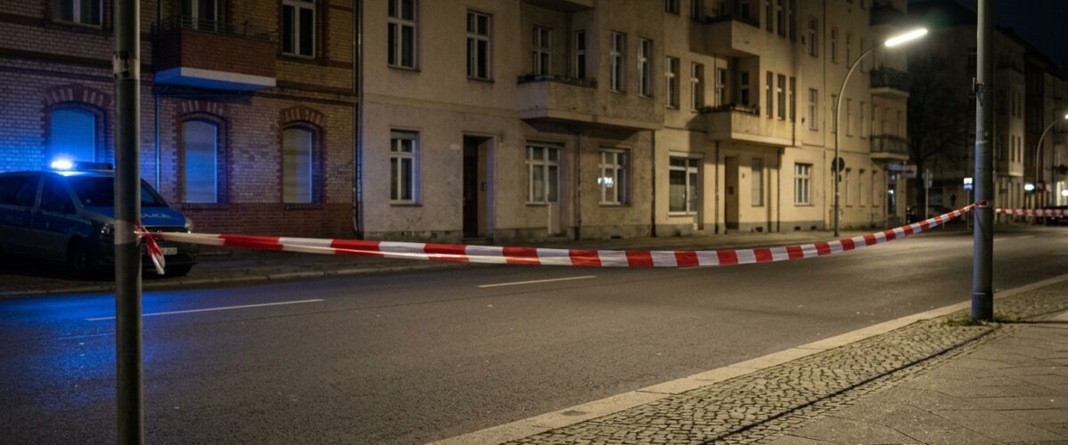 Homophober Angriff Prenzlauer Berg: Blaulicht und Absperrband bei Nacht an einer menschenleeren Berliner Straße, saubere leere Fahrbahn ohne Gegenstände und ohne Spuren