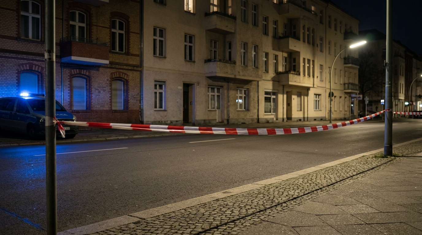 Homophober Angriff Prenzlauer Berg: Blaulicht und Absperrband bei Nacht an einer menschenleeren Berliner Straße, saubere leere Fahrbahn ohne Gegenstände und ohne Spuren