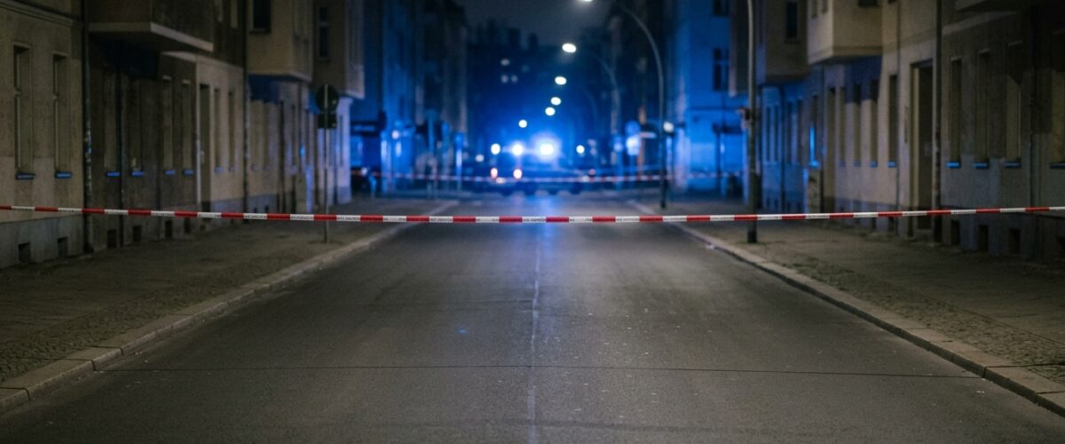 Homophober Angriff Schöneberg: Blaulicht und Absperrband bei Nacht an einer menschenleeren Berliner Straße, saubere leere Fahrbahn ohne Gegenstände und ohne Spuren
