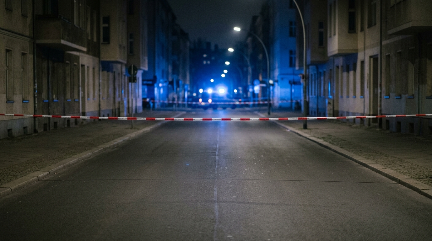 Homophober Angriff Schöneberg: Blaulicht und Absperrband bei Nacht an einer menschenleeren Berliner Straße, saubere leere Fahrbahn ohne Gegenstände und ohne Spuren