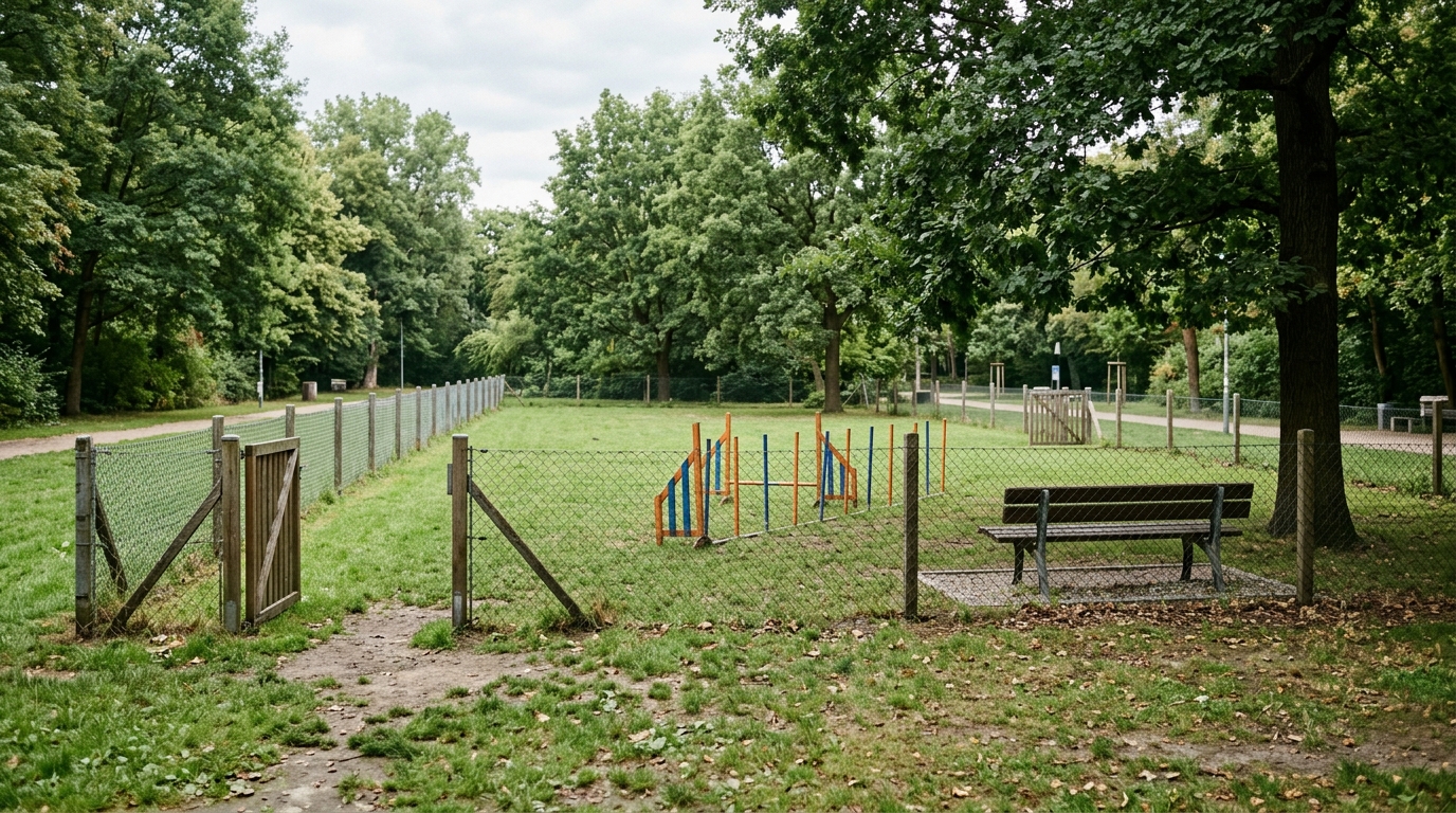 Hundeauslaufbereich Cheruskerpark: eingezäunte Grünfläche mit Parkbank und Hundeslalom in einem Berliner Park, ohne Personen und ohne Hunde