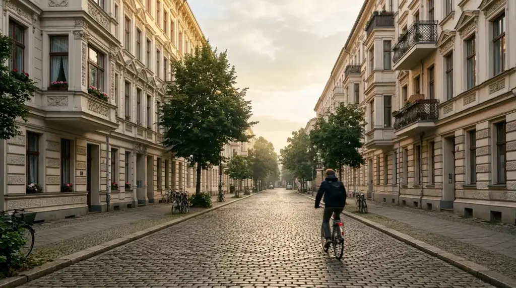 Kopfsteingepflasterte Husemannstraße mit restaurierten Gründerzeithäusern und Bäumen im sanften Morgenlicht.
