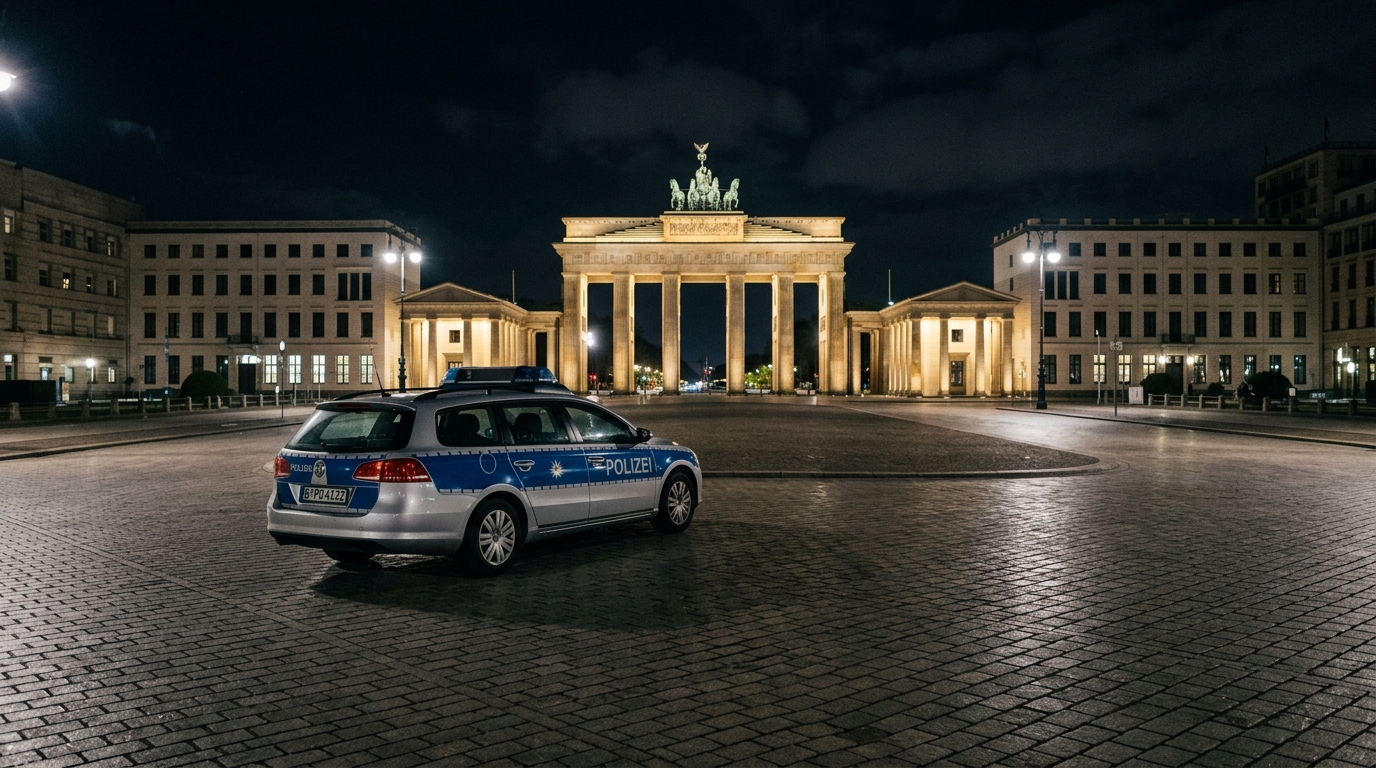 Innere Sicherheit Berlin: Streifenwagen bei Nacht an einem menschenleeren Platz in Berlin