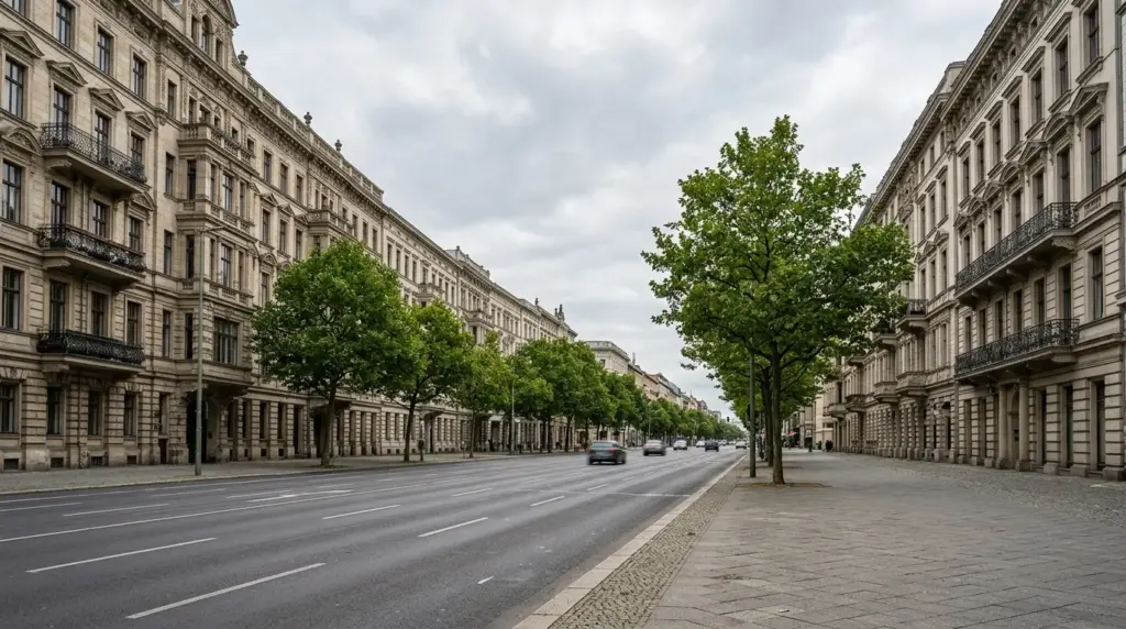 Breite Fahrbahn des Kaiserdamms mit wilhelminischen Altbauten und Straßenbäumen an einem bewölkten Tag.
