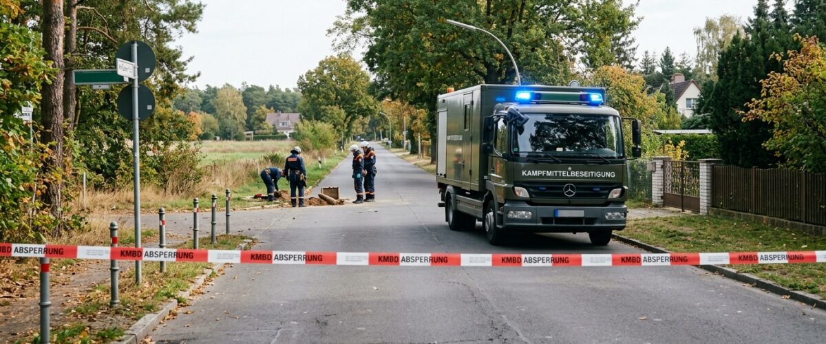 Kampfmittelbeseitigung Berlin-Gatow: Blaulicht und Absperrband bei Tag an einer menschenleeren Straße am Stadtrand von Spandau