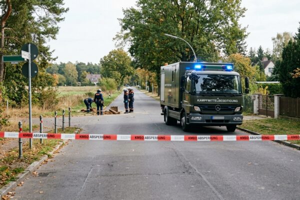 Kampfmittelbeseitigung Berlin-Gatow: Blaulicht und Absperrband bei Tag an einer menschenleeren Straße am Stadtrand von Spandau