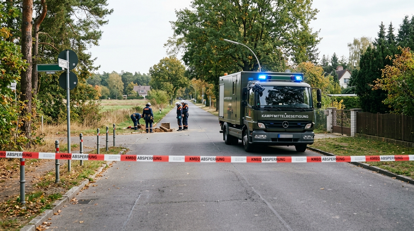 Kampfmittelbeseitigung Berlin-Gatow: Blaulicht und Absperrband bei Tag an einer menschenleeren Straße am Stadtrand von Spandau