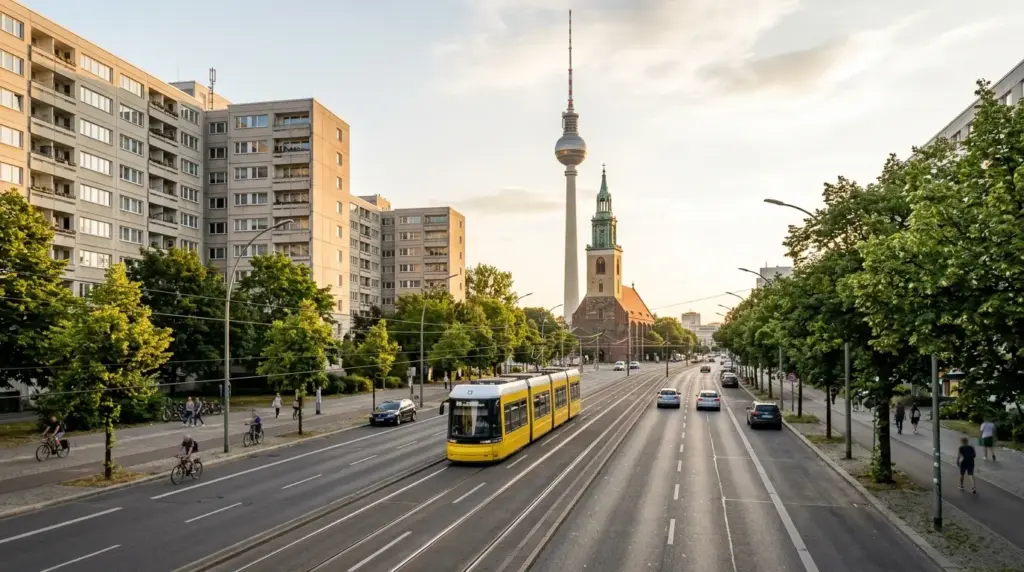 Blick entlang der Karl-Liebknecht-Straße mit Straßenbahn, Wohnbauten der Nachkriegsmoderne und Fernsehturm am Morgen.