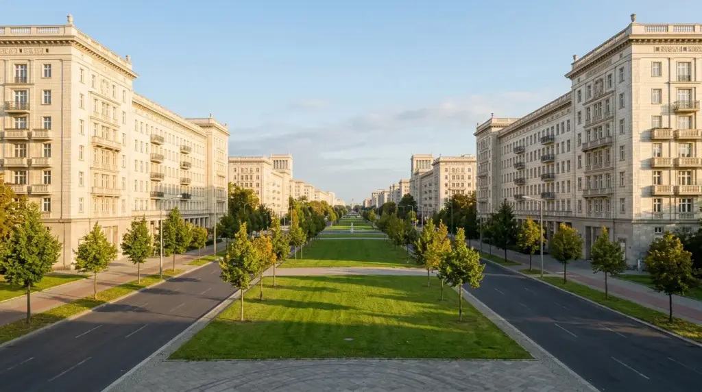 Breite Karl-Marx-Allee mit monumentalen Wohnbauten im Zuckerbäckerstil und Grünstreifen im Morgenlicht.