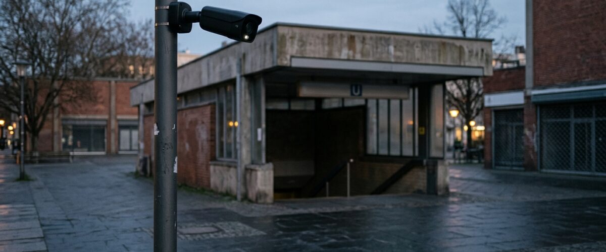 KI-gestützter Videoschutz Berlin: Überwachungskamera an einer U-Bahn-Station in Kreuzberg bei Abenddämmerung, menschenleerer Vorplatz