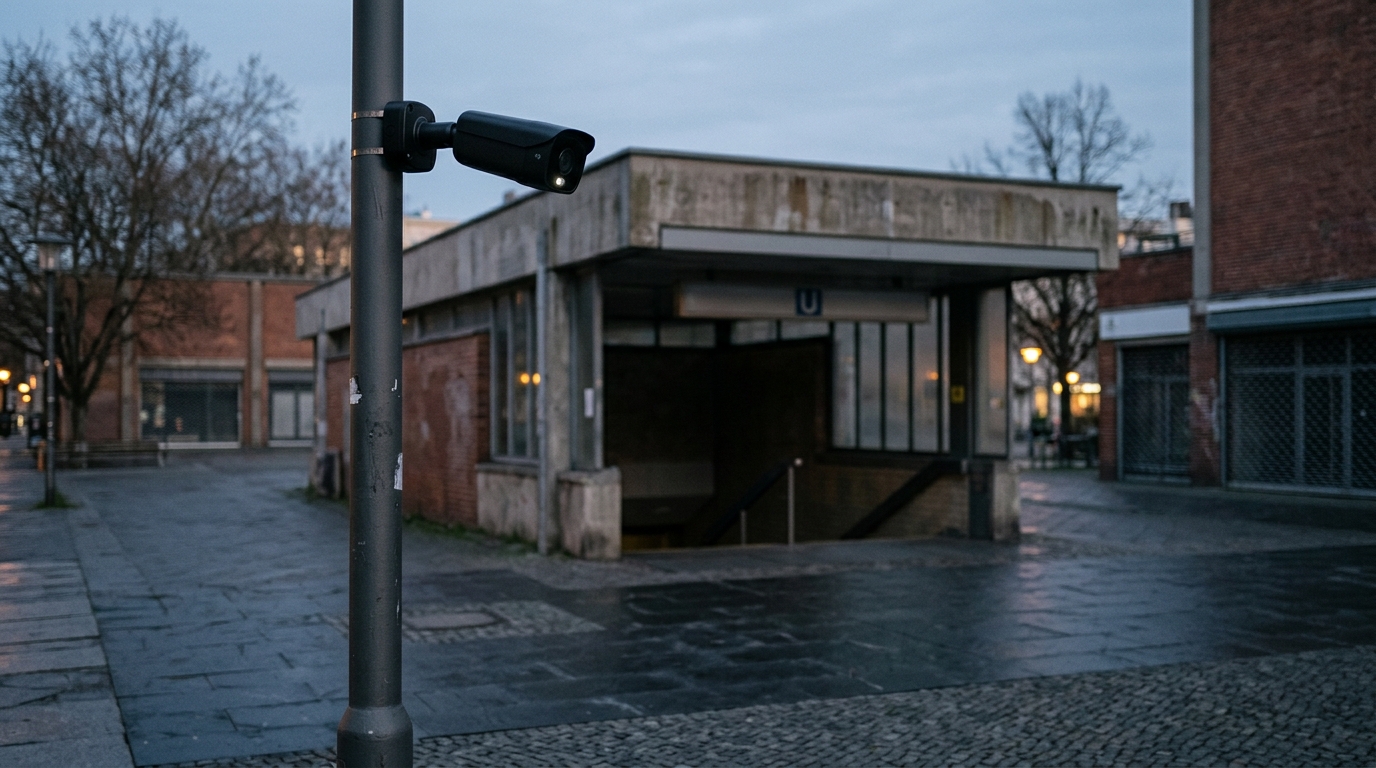 KI-gestützter Videoschutz Berlin: Überwachungskamera an einer U-Bahn-Station in Kreuzberg bei Abenddämmerung, menschenleerer Vorplatz