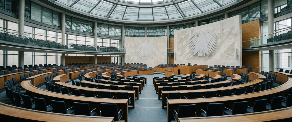 KI-Haftung Bundestag: Plenarsaal des Deutschen Bundestags in Berlin-Mitte mit leeren Abgeordnetenbänken bei Tageslicht