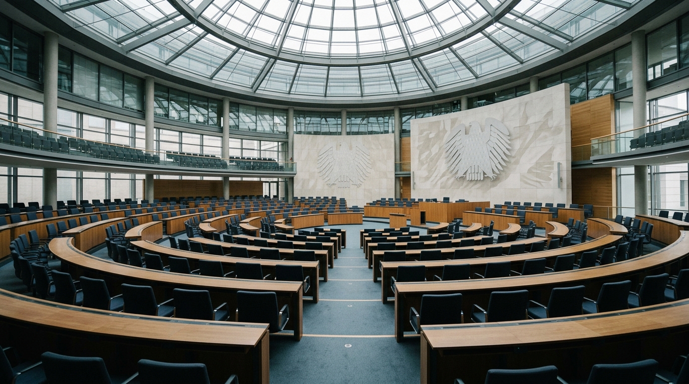 KI-Haftung Bundestag: Plenarsaal des Deutschen Bundestags in Berlin-Mitte mit leeren Abgeordnetenbänken bei Tageslicht