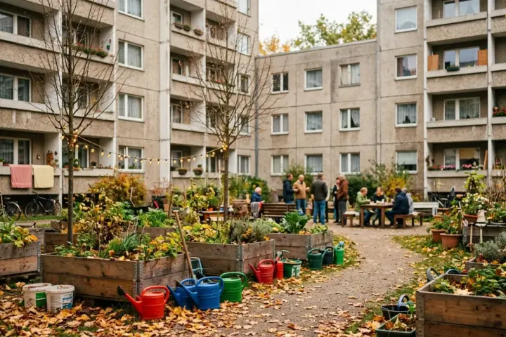 Kiezprojekte Marzahn-Hellersdorf: Begrünter Innenhof einer Plattenbausiedlung mit Hochbeeten und Lichterketten im Herbst.