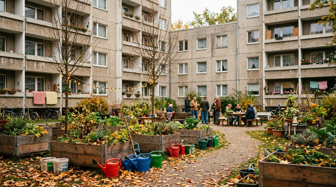 Kiezprojekte Marzahn-Hellersdorf: Begrünter Innenhof einer Plattenbausiedlung mit Hochbeeten und Lichterketten im Herbst.