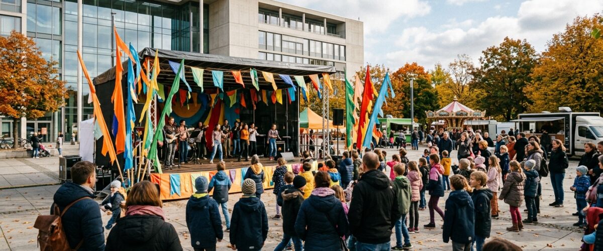 Kinder- und Jugendfestival Marzahn-Hellersdorf: Bühne mit bunten Fahnen auf dem Alice-Salomon-Platz vor dem Rathaus, Herbst 2026