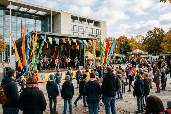 Kinder- und Jugendfestival Marzahn-Hellersdorf: Bühne mit bunten Fahnen auf dem Alice-Salomon-Platz vor dem Rathaus, Herbst 2026