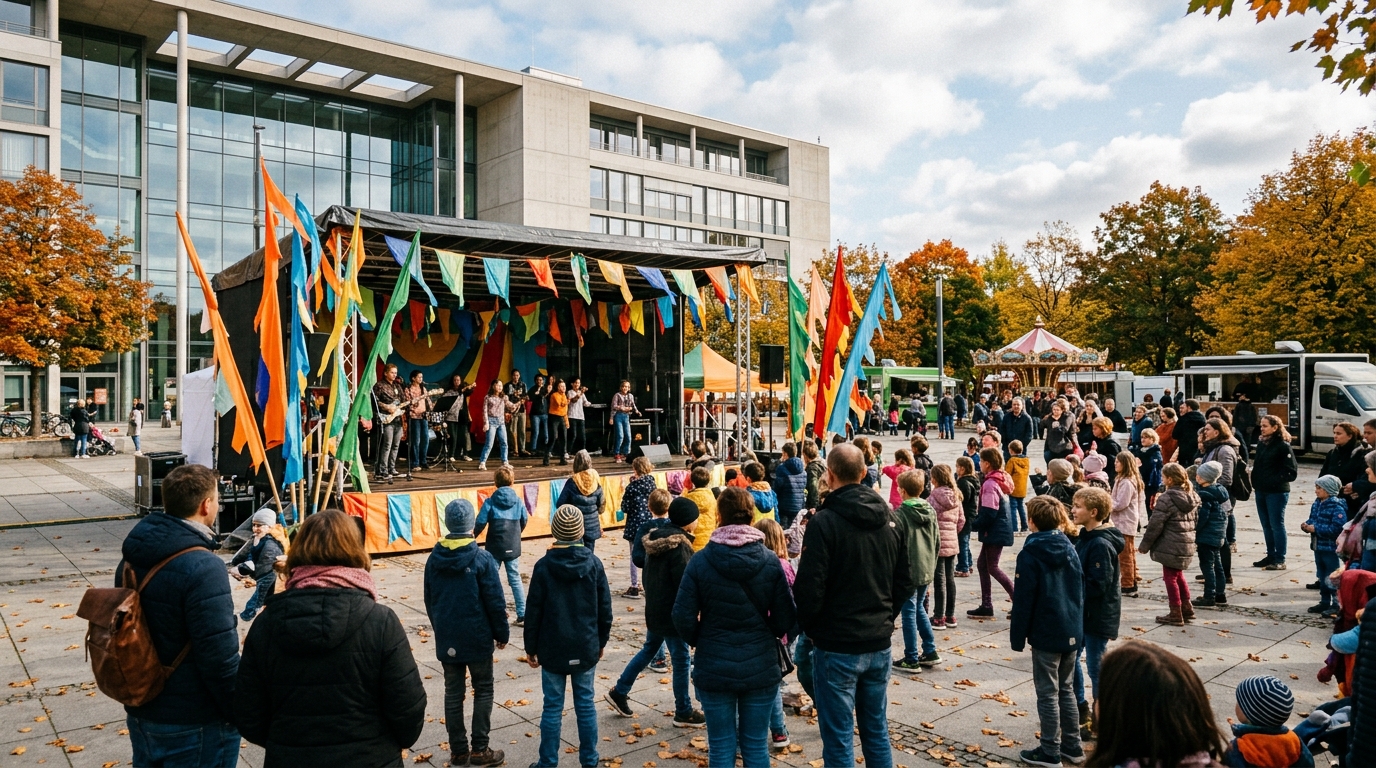 Kinder- und Jugendfestival Marzahn-Hellersdorf: Bühne mit bunten Fahnen auf dem Alice-Salomon-Platz vor dem Rathaus, Herbst 2026
