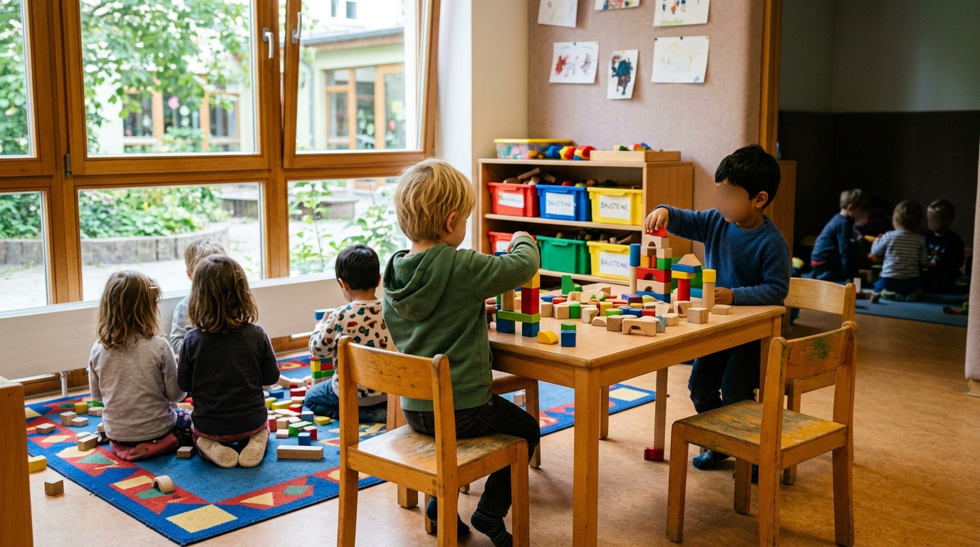Kitaplätze Berlin: Spielecke einer Berliner Kindertagesstätte mit Bausteinen und kleinen Stühlen
