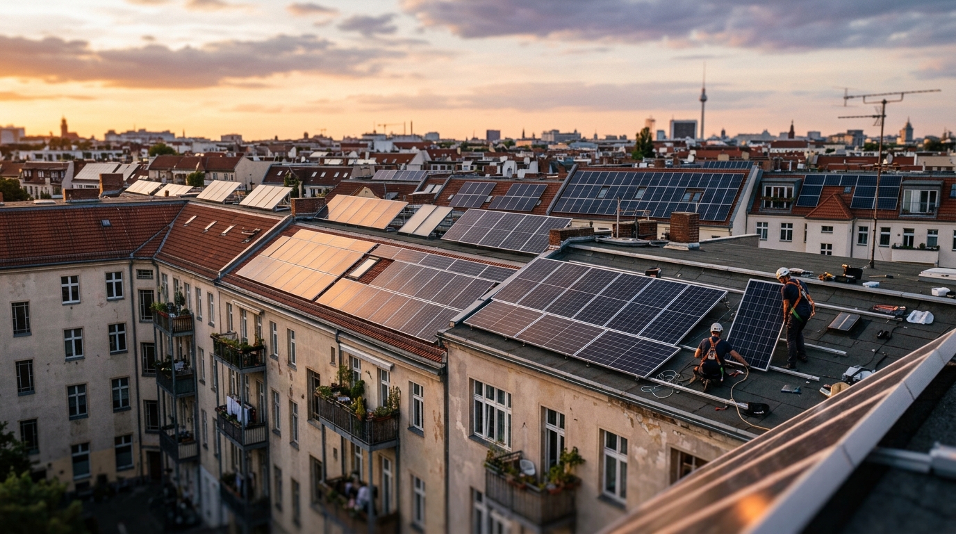 Klimapolitik Berlin: Solaranlagen auf den Dächern eines Berliner Altbauquartiers