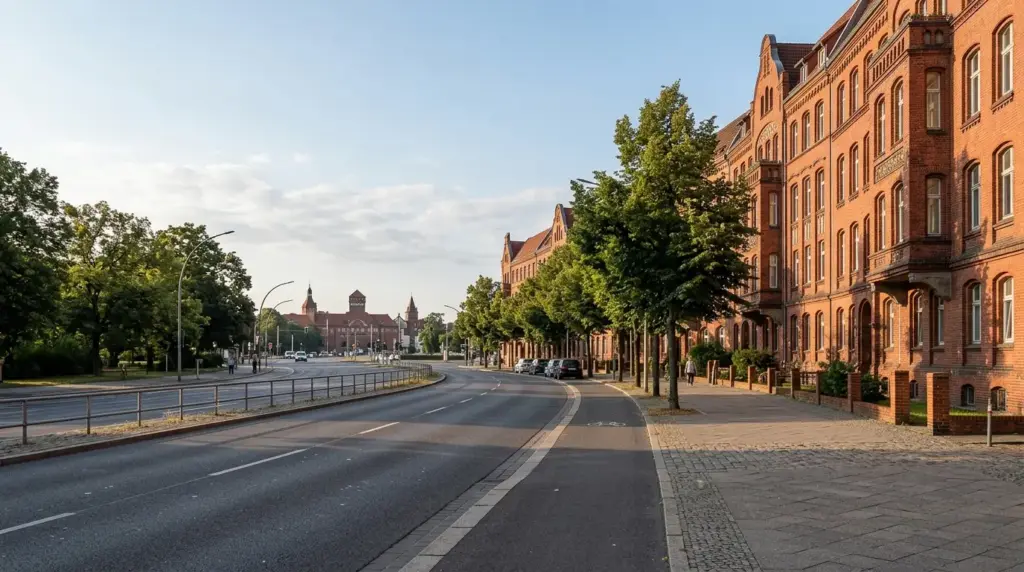 Blick entlang der Klosterstraße in Spandau mit Backsteingebäuden und Straßenbäumen im Morgenlicht.