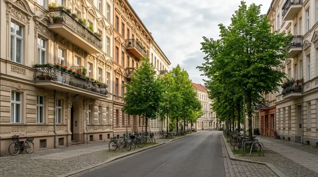 Altbauten mit stuckverzierten Fassaden und Straßenbäumen entlang der Knaackstraße.