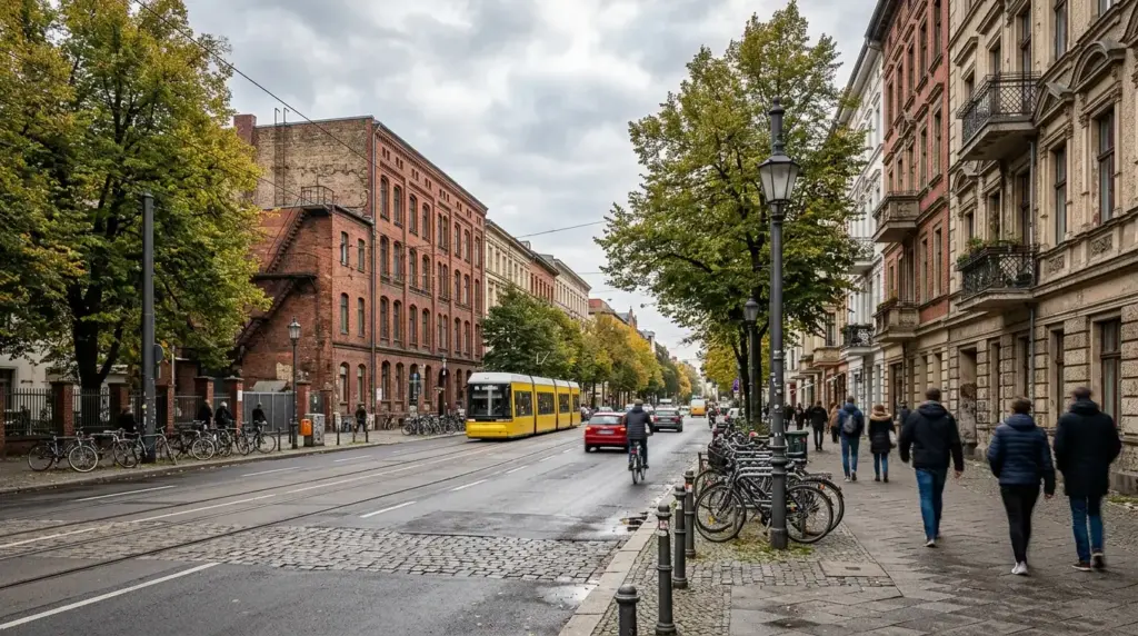 Straßenzug der Köpenicker Straße mit roten Klinkerbauten, Altbaufassaden und Bäumen am Gehweg.