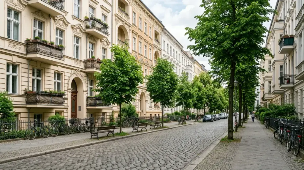 Breite Wohnstraße in der Kollwitzstraße mit sanierten Gründerzeit-Fassaden, Straßenbäumen und gepflastertem Bürgersteig