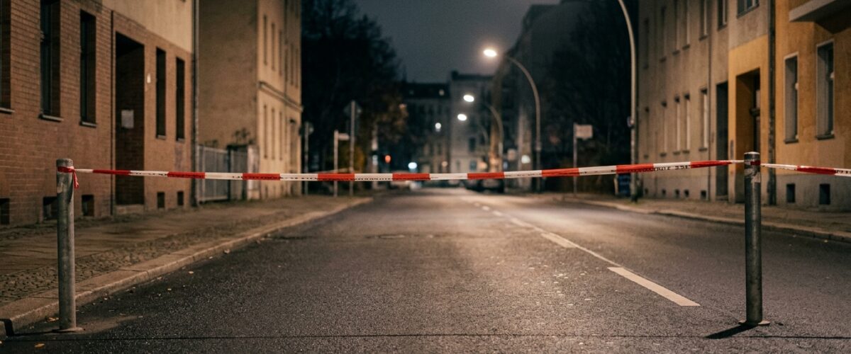 Kriminalitätsbelastete Orte Berlin: Blaulicht und Absperrband bei Nacht an einer menschenleeren Berliner Straße, saubere leere Fahrbahn ohne Gegenstände und ohne Spuren