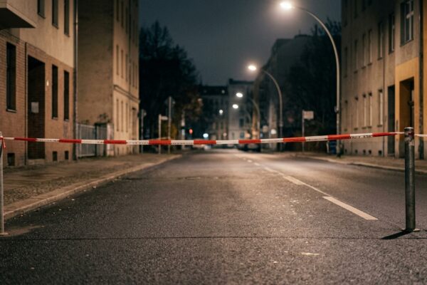 Kriminalitätsbelastete Orte Berlin: Blaulicht und Absperrband bei Nacht an einer menschenleeren Berliner Straße, saubere leere Fahrbahn ohne Gegenstände und ohne Spuren