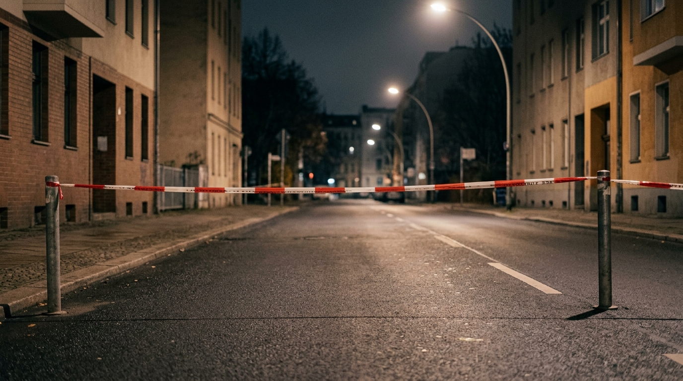 Kriminalitätsbelastete Orte Berlin: Blaulicht und Absperrband bei Nacht an einer menschenleeren Berliner Straße, saubere leere Fahrbahn ohne Gegenstände und ohne Spuren