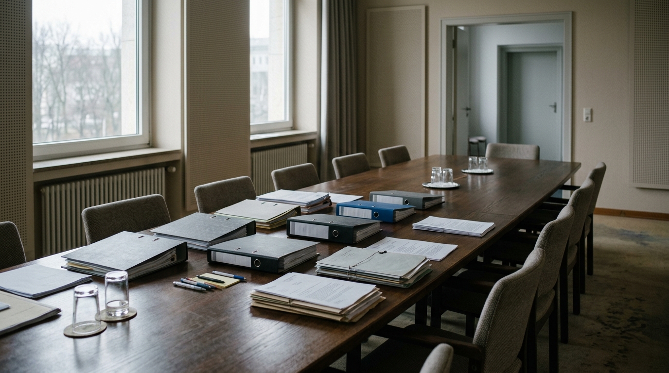 Landesstrategie Sucht Berlin: leeres Senatssitzungszimmer mit Aktenordnern und Papieren auf einem Tisch, ohne Personen