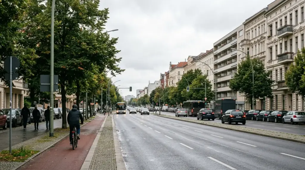 Straßenzug der Lietzenburger Straße mit mehrspuriger Fahrbahn, Straßenbäumen und Nachkriegsbauten am Fahrbahnrand.