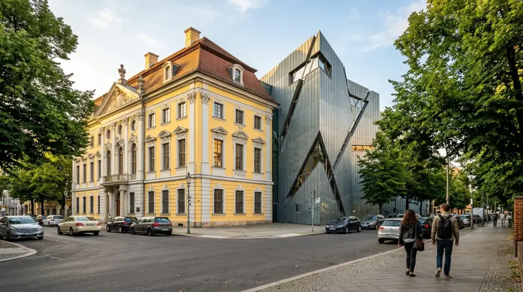Blick entlang der Lindenstraße auf das barocke Kollegienhaus und den zickzackförmigen Museumsbau im Nachmittagslicht.