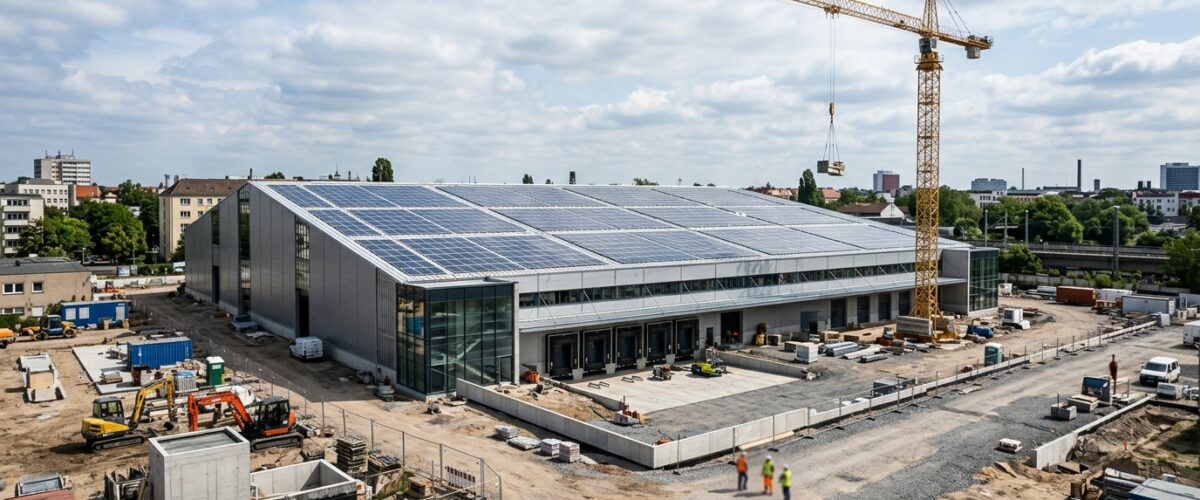 Logistikstandort Holzhauser Markt: Moderne Logistikhalle mit Photovoltaik-Dach und Baukran auf einer ehemaligen Gewerbefläche in Berlin-Reinickendorf bei Tageslicht
