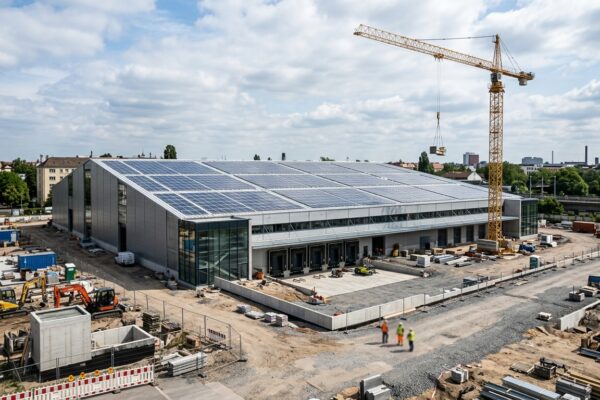 Logistikstandort Holzhauser Markt: Moderne Logistikhalle mit Photovoltaik-Dach und Baukran auf einer ehemaligen Gewerbefläche in Berlin-Reinickendorf bei Tageslicht