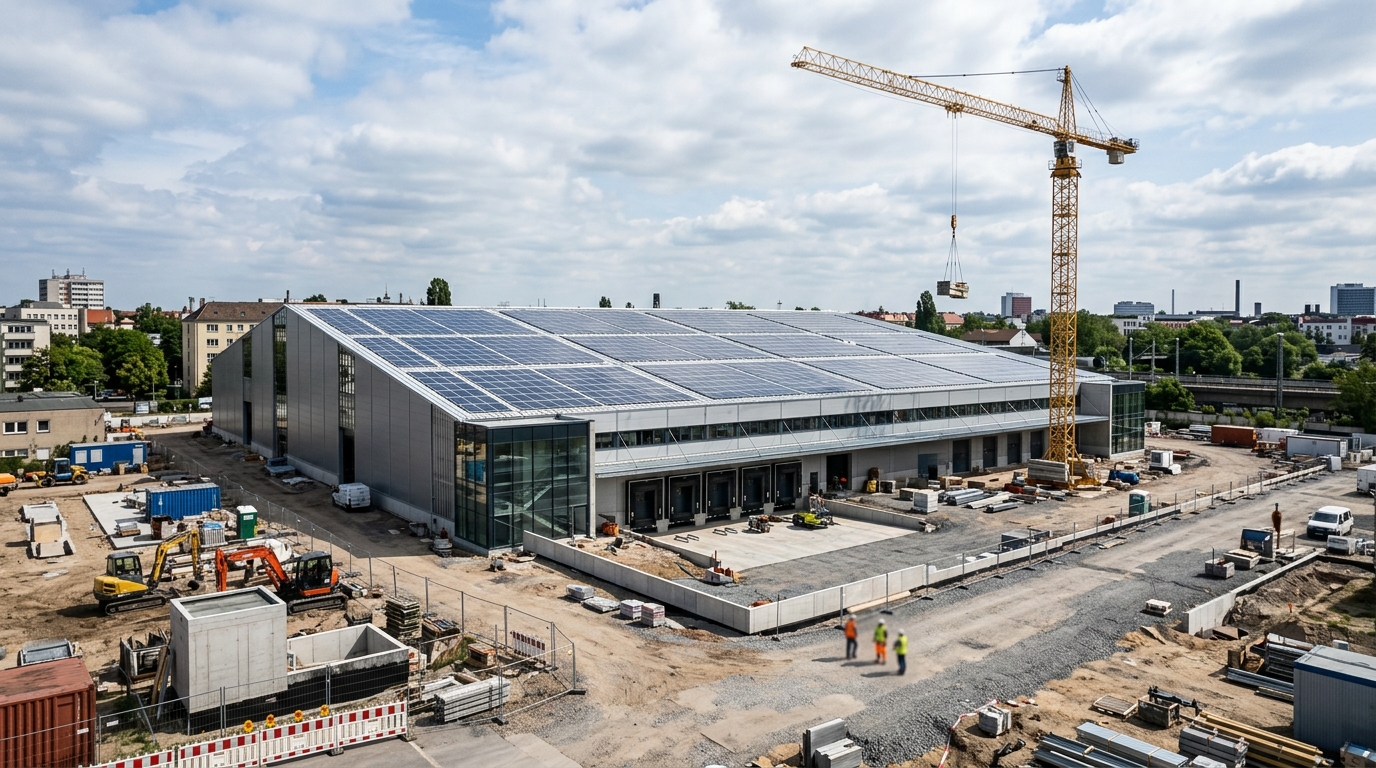 Logistikstandort Holzhauser Markt: Moderne Logistikhalle mit Photovoltaik-Dach und Baukran auf einer ehemaligen Gewerbefläche in Berlin-Reinickendorf bei Tageslicht